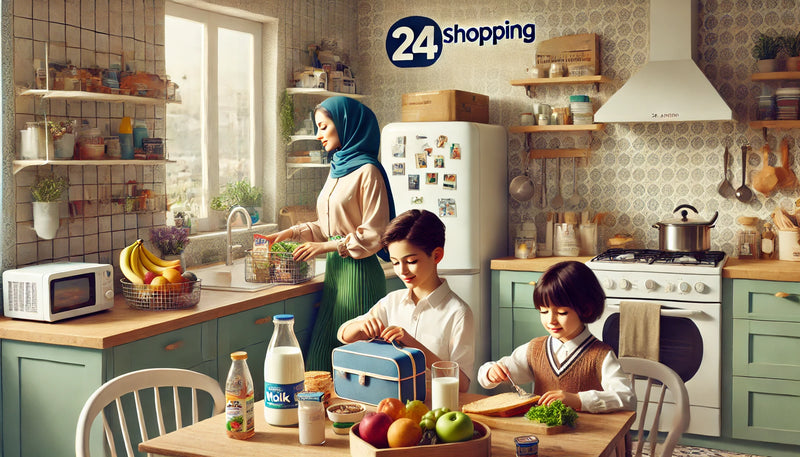 family breakfast scene in a fresh kitchen